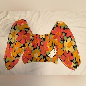 NWT Billabong 70’s Vintage Inspired Multicolor Large Flower Cropped Blouse